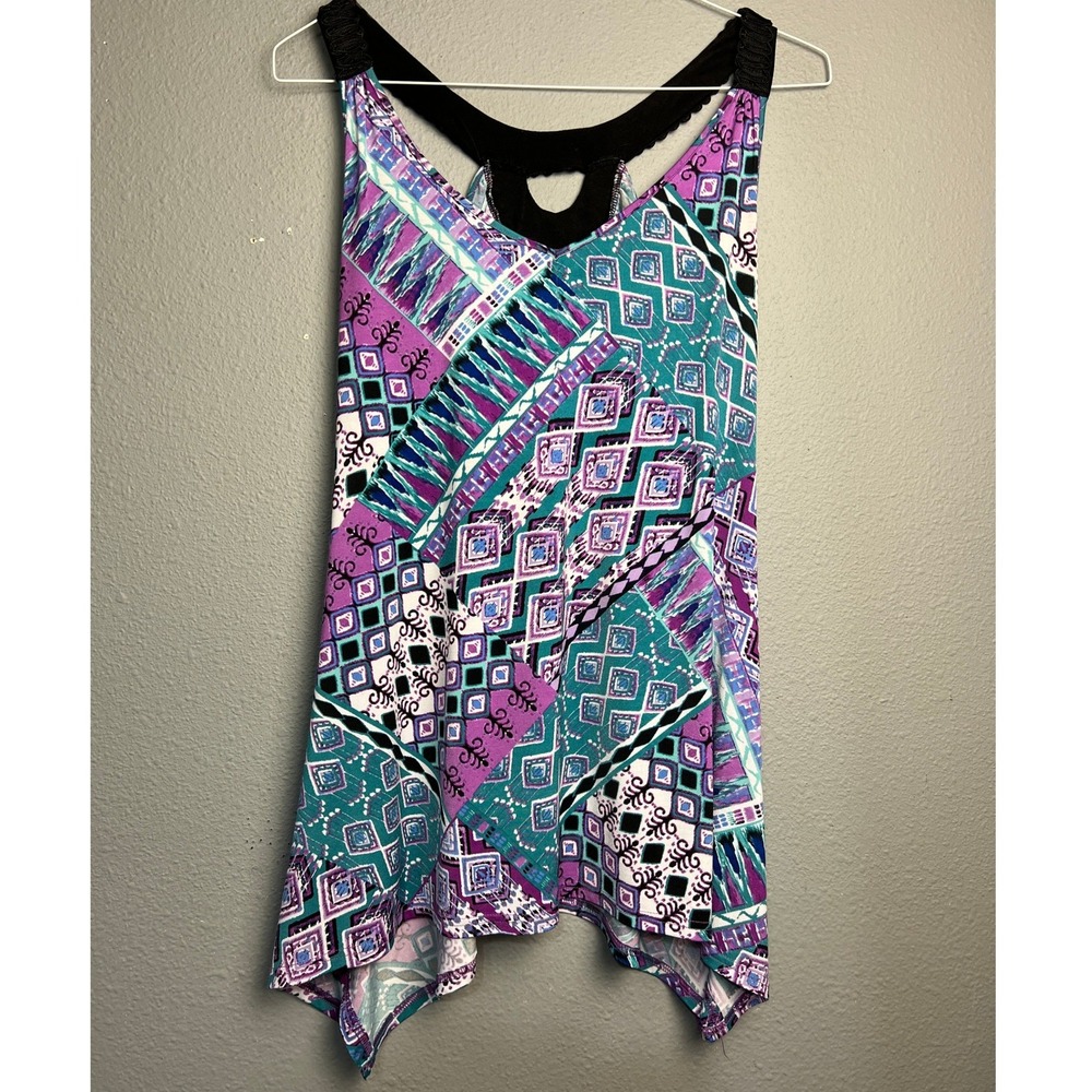 Candies Lg Y2K Womens Geometric Tribal Print Handkerchief Hem Racerback Tank Top